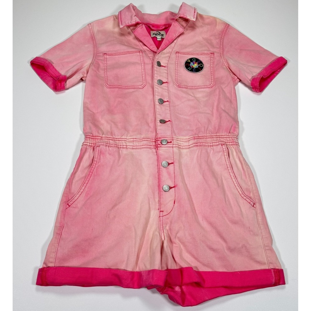 Jordache Vintage Women's M Pink Denim Romper Short Sleeve Button Front